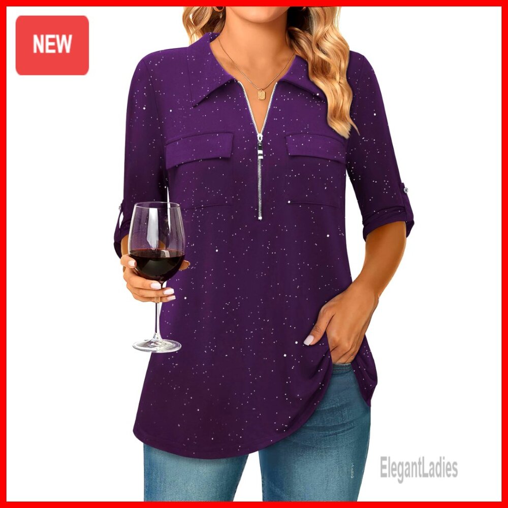 3/4 Sleeve Collared Blouse Zip Front V Neck Loose Fit Tunic Top